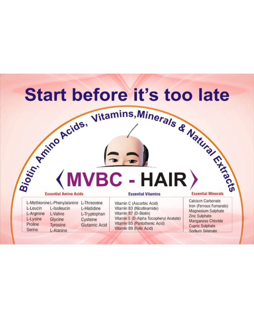 MVBC Hair supplement with biotin, amino acids, vitamins, and essential minerals for hair growth, hair fall control, and scalp nourishment support.