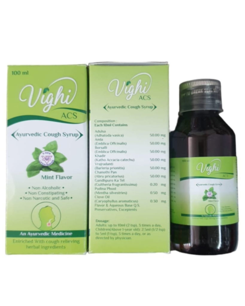 Vighi ACS Ayurvedic Cough Syrup 100 ml mint-flavored herbal cough relief formula with Adulsa, Amla, and natural ingredients; non-alcoholic and safe for respiratory support.