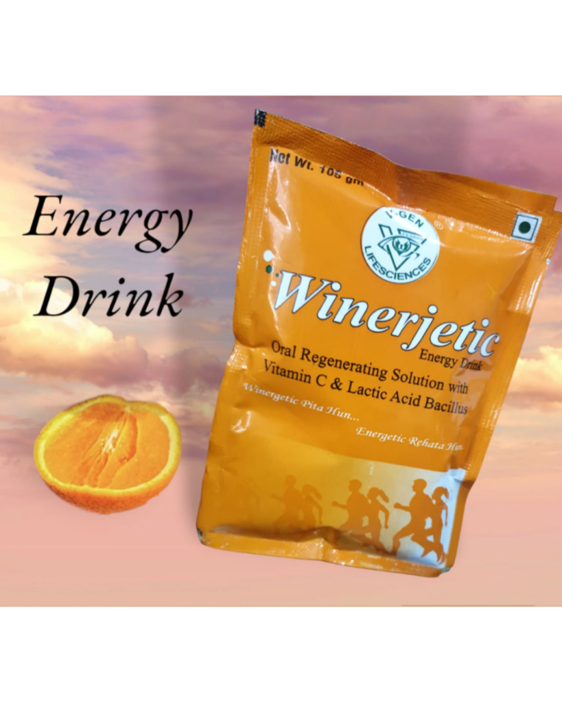 Winerjetic energy drink by Vgen Lifesciences with Vitamin C and lactic acid bacillus – oral rehydration and instant energy drink powder with orange flavor.