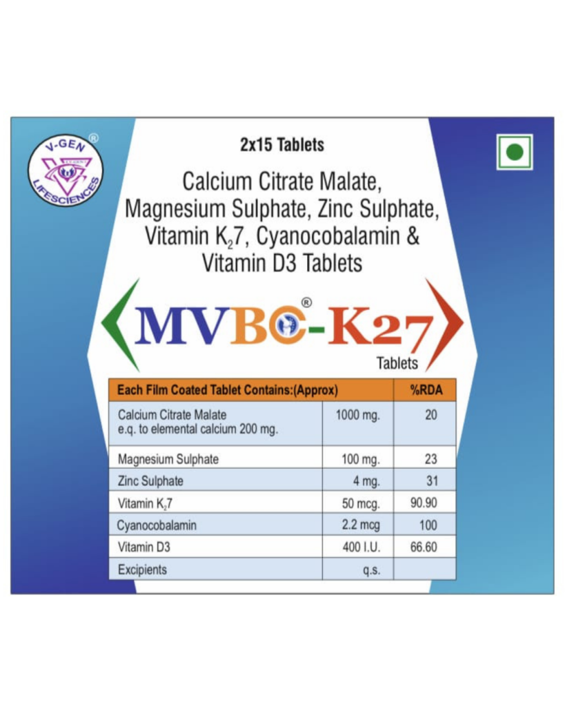 MVBC-K27 tablets with Calcium Citrate Malate, Magnesium, Zinc, Vitamin K2-7, Vitamin D3 and B12 for bone strength, calcium absorption, and joint health support.