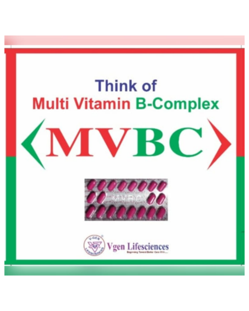 Multi Vitamin B-Complex MVBC tablets by Vgen Lifesciences – multivitamin supplement strip for energy, immunity, and overall health support.